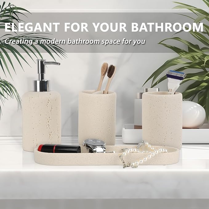 Bathroom Accessories Set,4 Piece Travertine Stone Look Bathroom Accessory Set with Soap Dispenser,Toothbrush Holder,Vanity Tray,Tumbler,Bathroom Organizer for Modern Bathrooms（Light Cream）