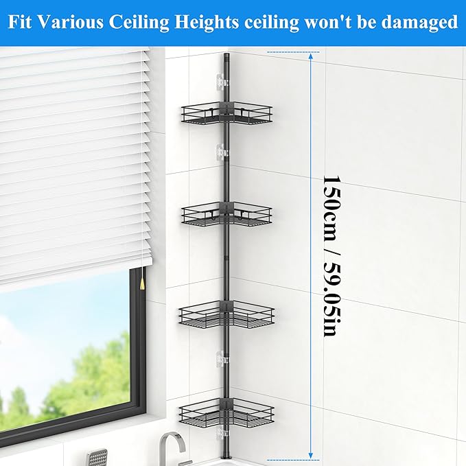 HuggieGems Adjustable Corner Shower Caddy Organizer Rack Shelves, Bathroom Shelf Storage, 4 Tier, Black, 2 Ways of Installation
