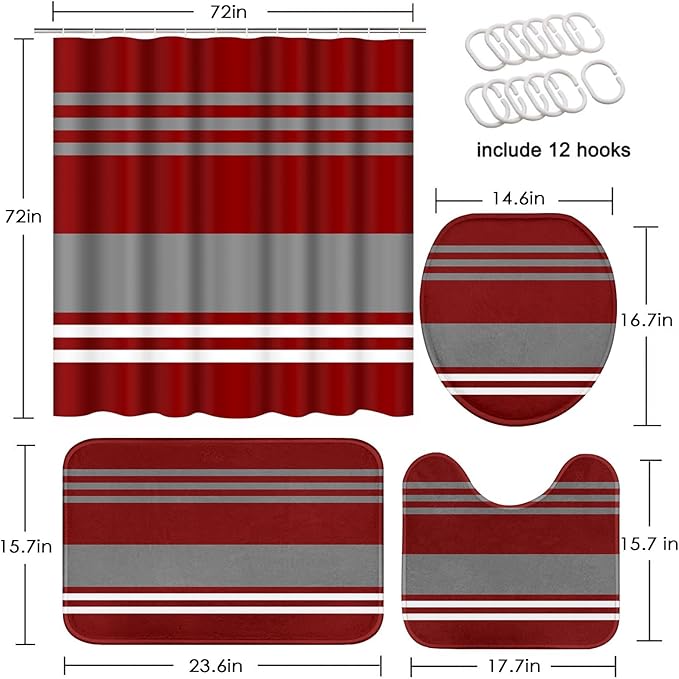 Red Burgundy Stripes Shower Curtain Set with Toilet Lid Cover and Non-Slip Rugs for Bathroom, Modern Grey Lines 4 Pcs Shower Curtain, Vintage Abstract Beautiful Bathroom Set with 12 Hooks