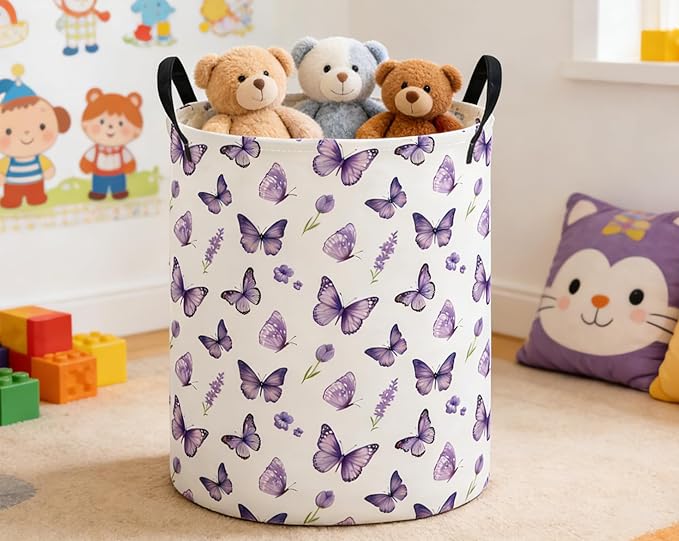 ESSME Kids Laundry Basket,Butterfly Hamper Collapsible Canvas Waterproof Storage Bin for Girls, Cute Hamper,Gift Baskets(Purple butterfly)
