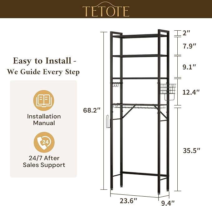 TETOTE Over-The-Toilet Storage Rack, 4-Tier Bathroom Organizer Shelf Over Toilet with Adjustable Shelf and Basket, Freestanding Space Saver Bathroom Shelves Above Toilet for Room(Black)