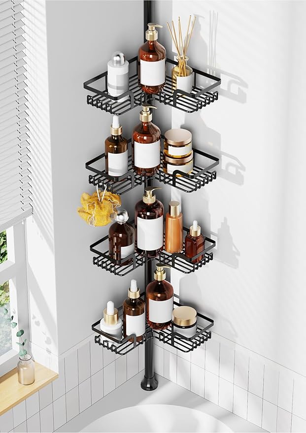 ZUNTO Tension Pole Shower Caddy Corner for Bathroom, Adjustable 25in-114in Floor to Ceiling, Standing Shower Tension Rod Organizer, 4 Tier Storage Shelves with Hooks, Black