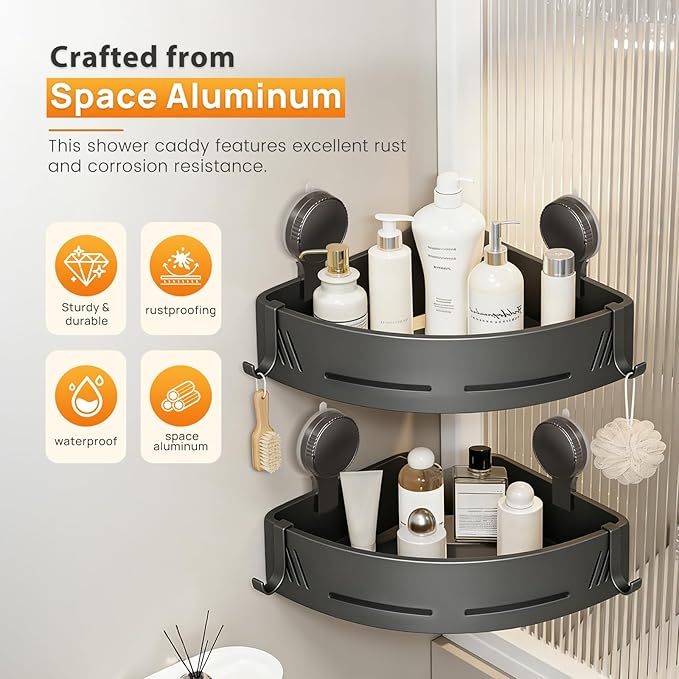 Corner Shower Caddy 2-Pack, Suction Cup Bathroom Shower Organizer with Hooks, No Drilling Rustproof Aluminum Floating Wall Shelf for Inside Shower, Gun Grey (Triangular)