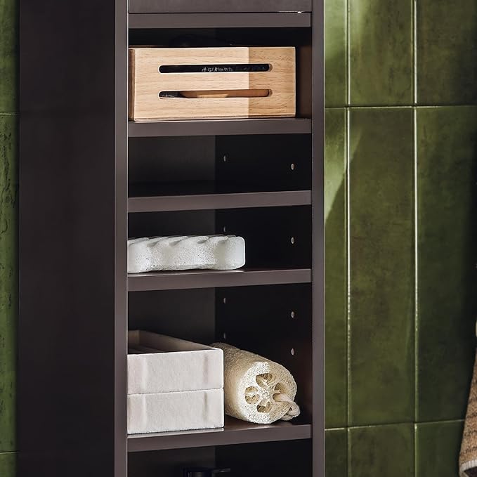 Haotian Bathroom Narrow Storage Cabinet, Skinny Tall Unit with Adjustable Shelves Slender Anti-Tipping Floor Standing Cupboard, Brown BZR34-BR