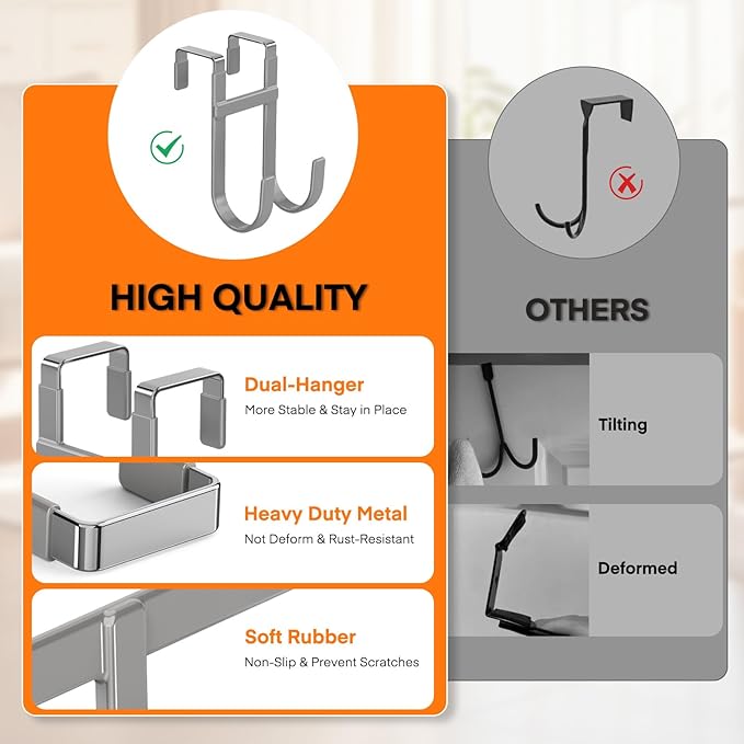 FYY Over The Door Hooks - 2 Pack Heavy Duty Double-Hanger Organizer for Bathroom Bedroom Dorm, Hanging Clothes Towels Hats Bags Ironing Board Wreath Robe - Fits Interior Doors Up to 1 3/8" Grey