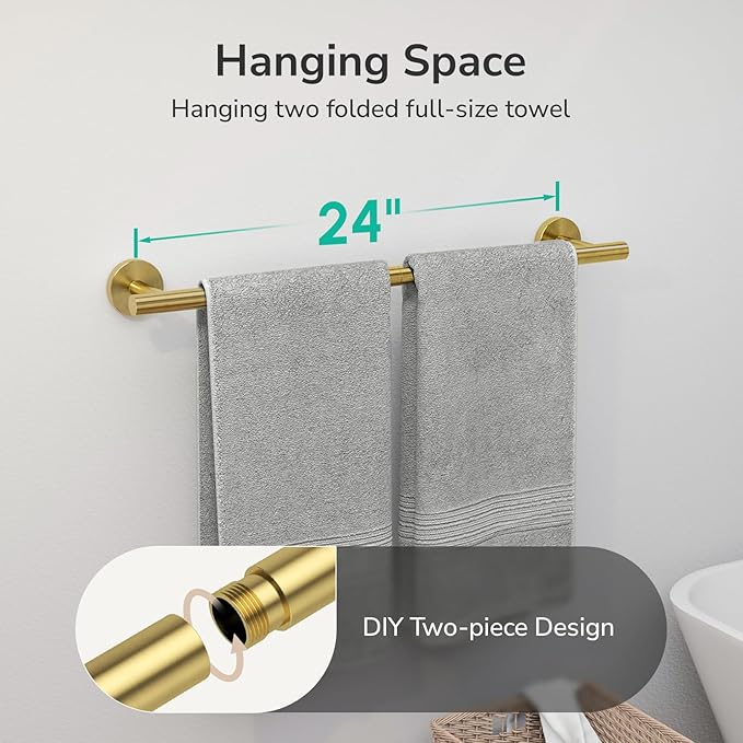 USHOWER Brushed Gold Towel Bar, 24-Inch Towel Racks for Bathroom Wall-Mounted, SUS304 Stainless Steel Towel Rod (Total Length 26-Inch)