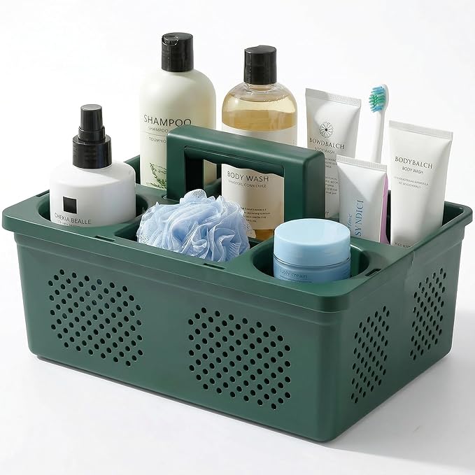 KMV Dorm Room Portable Shower Caddy with Adjustable Compartments - Ventilated Drainage Design with Handles, Perfect Toiletries Organizer for College Dorms-green
