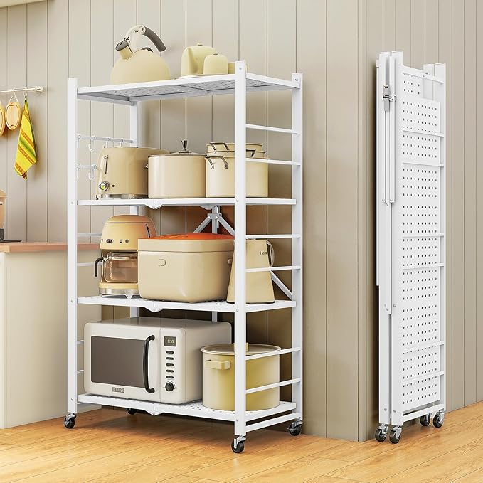 4-Tier Folding Metal Storage Shelf with Wheels & Hooks, Heavy Duty No-Assembly Collapsible Utility Rack for Kitchen, Garage, Office, Living Room – 600 lbs Capacity(White, 4-Tier)