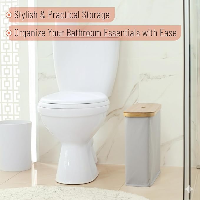 BAMBOO LAND- Toilet Paper Storage with Bamboo Lid for 12 Rolls, Light Gray, Waterproof Bamboo Toilet Paper Holder Basket