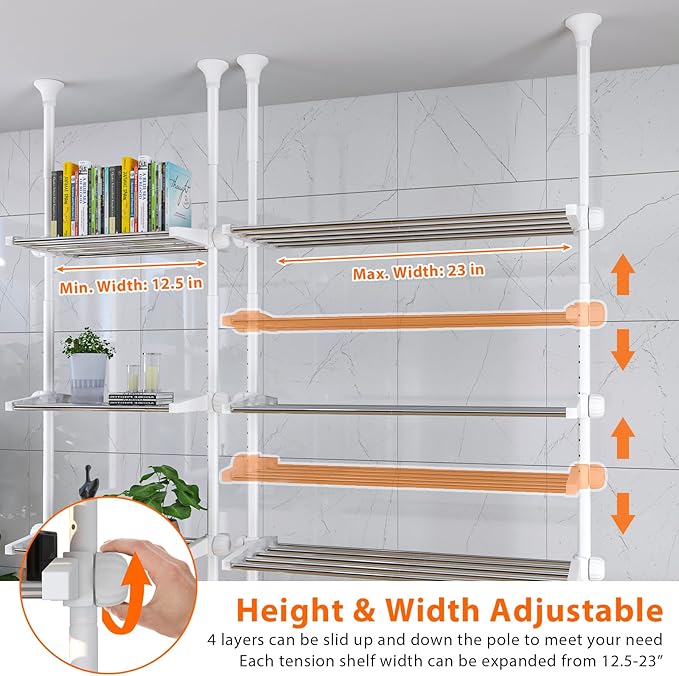 4-Tier Over The Toilet Storage Shelf, 4.5-9.5 FT Adjustable Bathroom Organizer, Heavy Duty Metal Shelves Above Behind Toilet Laundry, Space-Saving Shelving for Small Rooms, No Drill, White