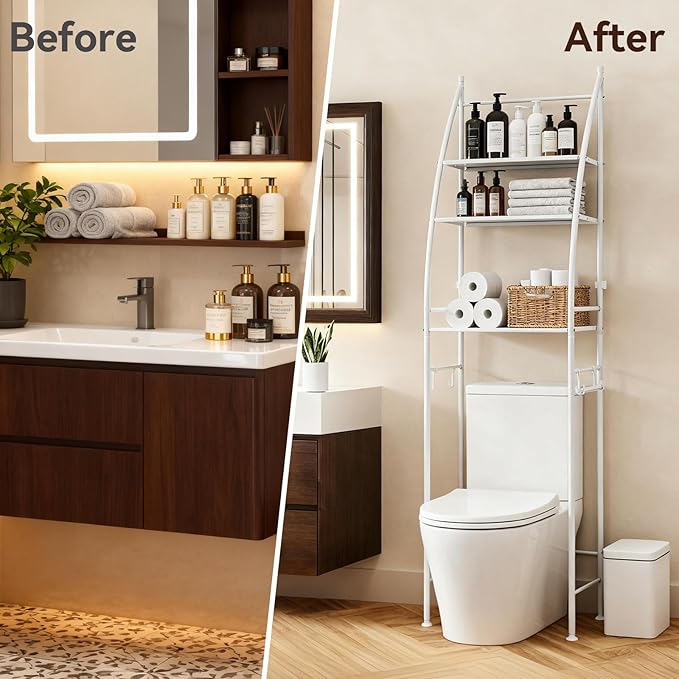 3-Tier Over The Toilet Rack,Bathroom Shelf Space Saver,Corner Stand Storage Organizer Accessories,The Over The Toilet Storage,with Hanging Rod,Tower Shelf,White (White-FCK, one Size)