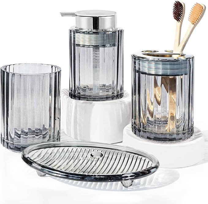 CERBIOR Bathroom Accessories Set, 4 Pcs Glass Accessories Sets Includes Soap Dispenser, Toothbrush Holder, Toothbrush Cup, Soap Dish for Decorative Countertop and Housewarming Gift,Silver Grey