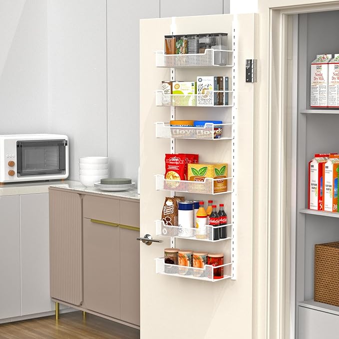 VyGrow 12.3" W Narrow Over the Door Pantry Organizer, 6-Tier Over the Door Organizer with Adjustable Basket, Pantry Door Organization for Pantry Kitchen Storage Room Spice Rack, White
