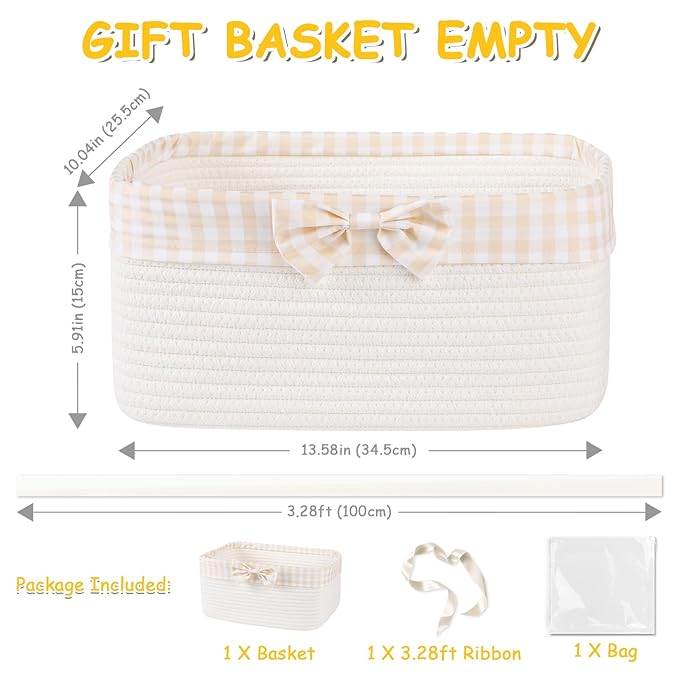 OIASKET Basket for Gifts Empty, Large Gift Basket 13L with Gift Bag and Ribbon, Woven Cotton Basket for Baby Showers, Birthday, Wedding, Mother's Day, 13.58"x10"x5.9", White and Cream