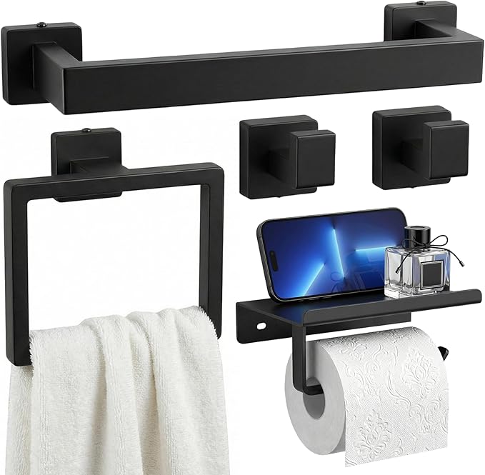 Tudoccy 5-Pieces Matte Black Bathroom Accessories Set, Bathroom Hardware Set SUS304 Stainless Steel Rustproof Wall Mounted - Includes 16" Hand Towel Bar, Toilet Paper Holder with Shelf, Towel Hooks