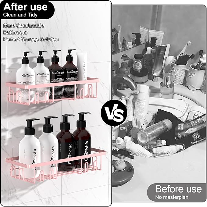 Getsrichfc Shower Caddy Adhesive, Rustproof Shower Shelves for Inside Shower, Large Capacity Bathroom Organizers and Storage, Shower Storage with Removable Hooks, No Drill Bathroom Accessories Pink