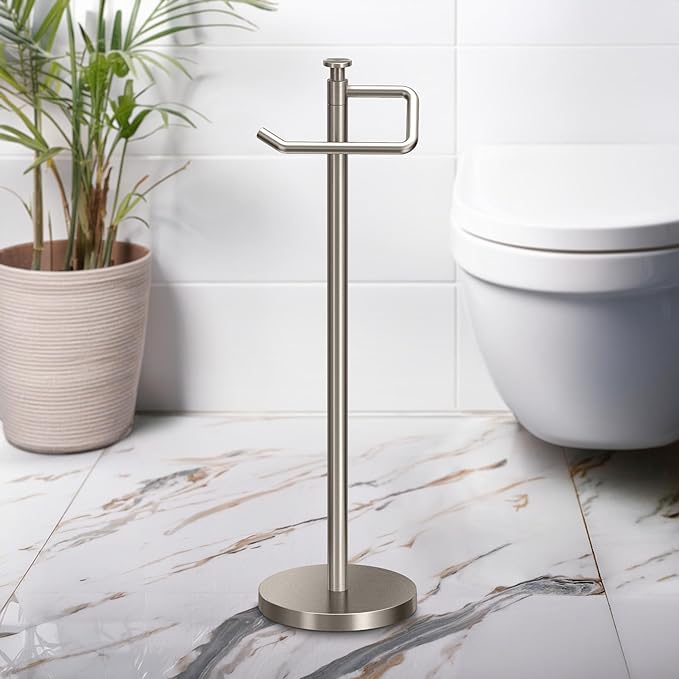 Gatco 1435SN Freestanding Toilet Paper Holder, 23.68” H, Satin Nickel Toilet Tissue Roll Holder Stand With Weighted and Padded Base For Bathroom