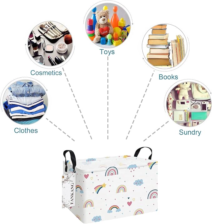 Storage Bins, Nursery Hamper Canvas Laundry Basket Foldable with Waterproof PE Coating Large Storage Baskets for Kids Boys and Girls, Office, Bedroom, Clothes,Toys(Rec-Love Rainbow）