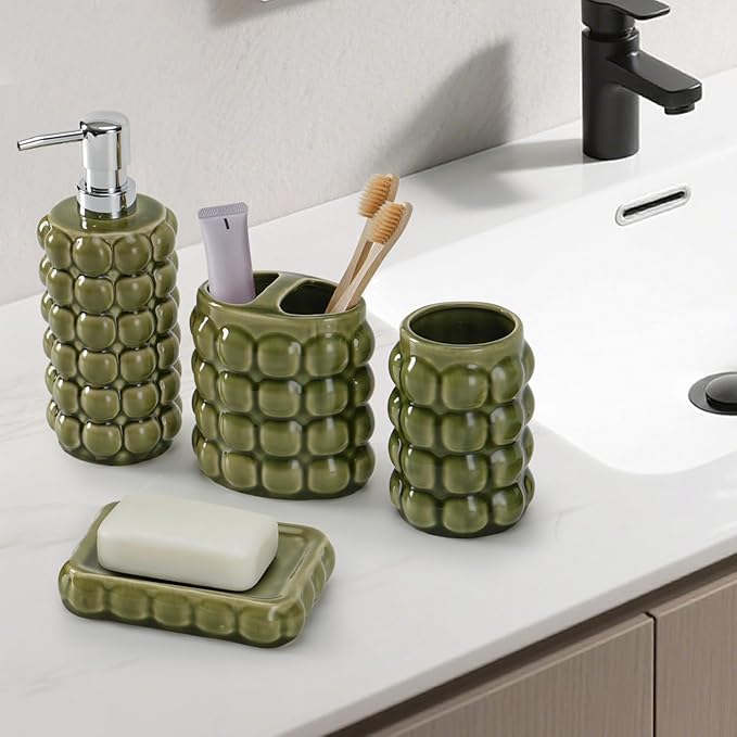 4 Piece Ceramic Bathroom Accessories Set –Soap Dispenser,Toothbrush Holder,Tumbler & Soap Dish,Includes Silicone Funnel,Non-Slip,Modern Farmhouse Countertop Organizer Set for Bathroom Decor, Green