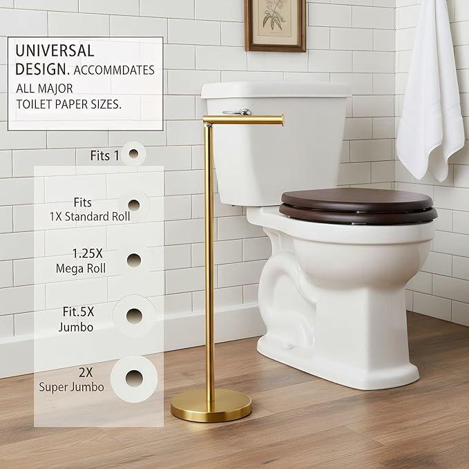 Songtec Gold Toilet Paper Holder Stand, Rust-Proof & Heavy Stainless Steel Base, Sturdy Free Standing for 5 Toilet Paper Rolls Max (Gold)
