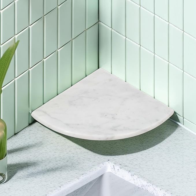 9 Inch Marble Corner Shower Shelf for Bathroom, Shower Room, Both Side Honed Polished, Bathroom Wall Mounted (Carrara White - 2pcs)