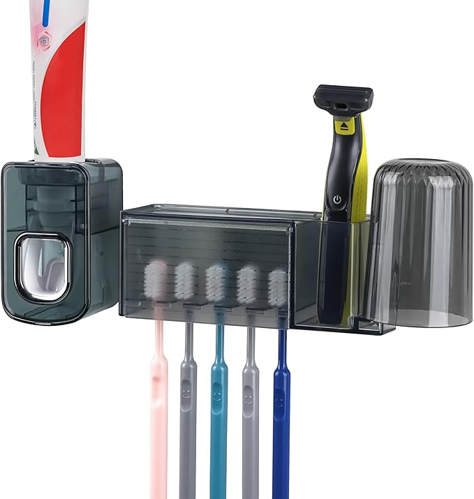 5 Slots Wall Mount Toothbrush Holder with Cover, Self Adhesive Toothbrush Storage Organizer for Shower, Toothbrush Cup Hanger with Automatic Toothpaste Squeezer Dispenser