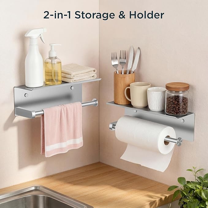 FORIOUS Paper Towel Holder with Shelf, SUS304 Stainless Steel Paper Towel Holder with Storage Shelf, Wall Mount Screw Paper Roll Organizer Commercial Paper Hand Towel Dispensers, Sliver