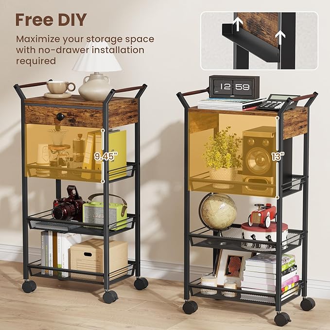 Asgolion Large Fruit Vegetable Storage Cart, 5-Tier Kitchen Rolling Cart with Wheels & Drawer, Metal Wire Storage Basket Organizer Baskets for Kitchen, Pantry, Bathroom