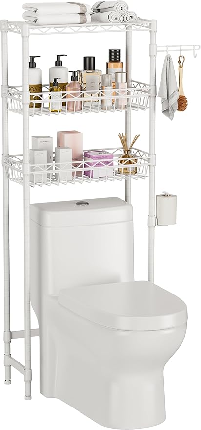 Golpart 3-Tier Over-The-Toilet Storage Shelf,Heavy-Duty Adjustable Bathroom Rack with 2 Mesh Baskets,Toilet Paper Holder & Hooks,Space-Saving Organizer for Bathroom,10”D x 24”W x 66”H,White