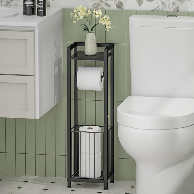 Narrow Side Toilet Paper Holder with Storage Rack - Freestanding Roll Holder for Bathroom, Small Space, Bathroom Tissue & More