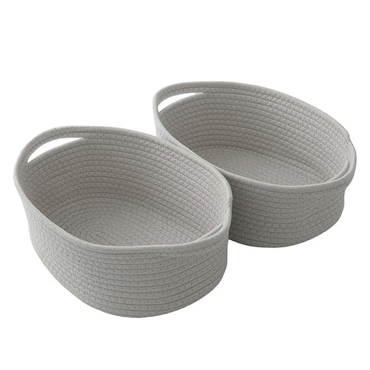 2 Pack Small Woven Rope Basket-Empty Gifts Basket with Bag and Ribbons,Cute Handle Organizer Box for Birthday/Baby Shower, Toy Storage, Nursery Organizing & Shelf Decor(Grey)