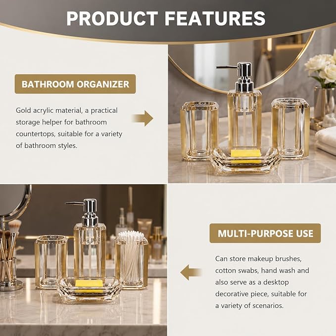 4-Piece Gold Bathroom Accessories Set — Soap Dispenser, Soap Dish, Mouthwash Cup & Toothbrush Holder, Acrylic with Brushed Gold Accent, Luxury Vanity Countertop Organizer