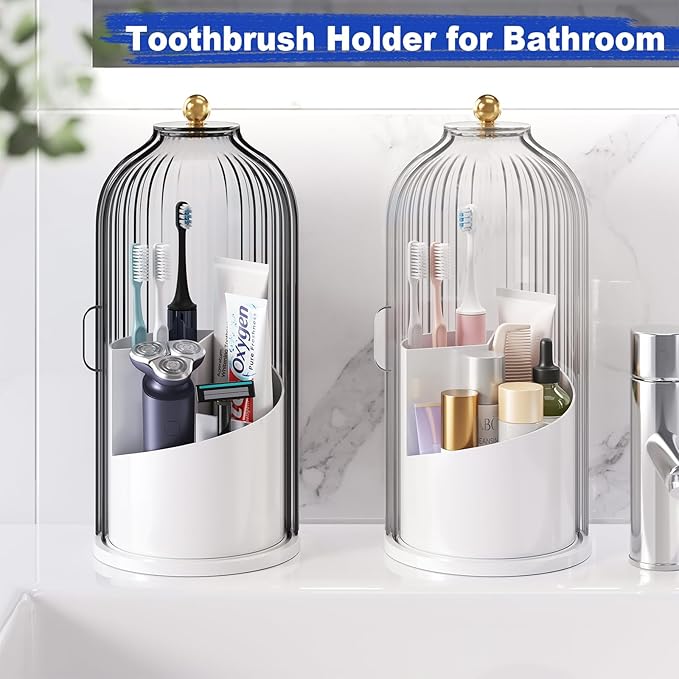Dustproof Toothbrush Holders with Cover for Bathrooms, Rotating Covered Tooth Brush Holder for Bathroom Counter, Dust Proof Plastic Makeup Brush Holder Organizer with Sliding Lid for Vanity,Grey White