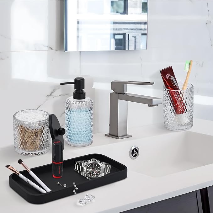 Bathroom Accessory Set,4 Pcs Clear Glass Bathroom Accessories Set-Lotion Soap Dispenser,Toothbrush Holder,Qtip Holder Dispenser & Resin Vanity Tray,Countertop Vanity Organizer,Crystal Clear