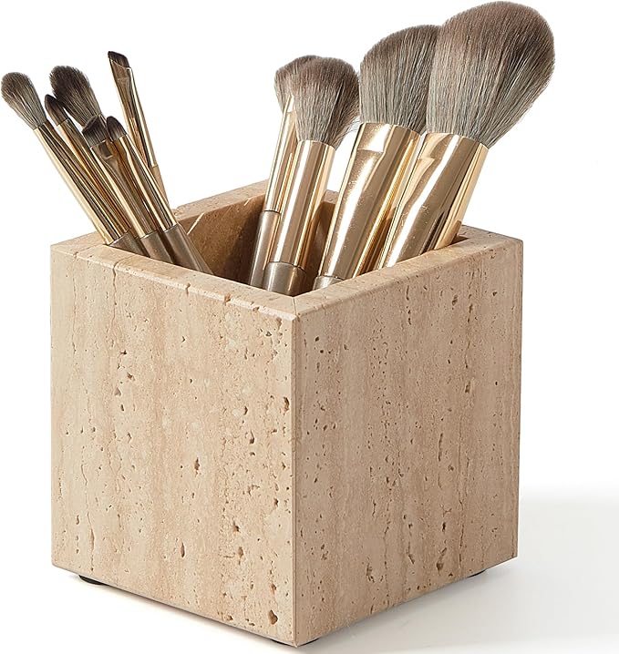 Real Luxurious Natural Marble Toothbrush Holder & Makeup Brush Organizer & Pen Holder for Desk,3.93inch Square Marble Utensil Holder Non-Ceramic/Non-Resin （Travertine）