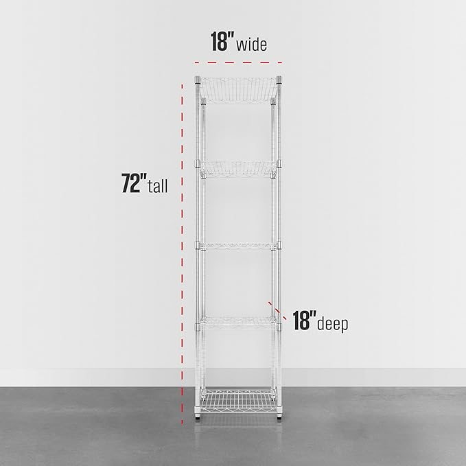 SafeRacks - NSF Certified Storage Shelves, Zinc, Heavy Duty Steel Wire Unit with Adjustable Feet, Garage or Bakers Rack, Kitchen, Pantry Shelf - (18"x18"x72" 5-Tier) (Silver)
