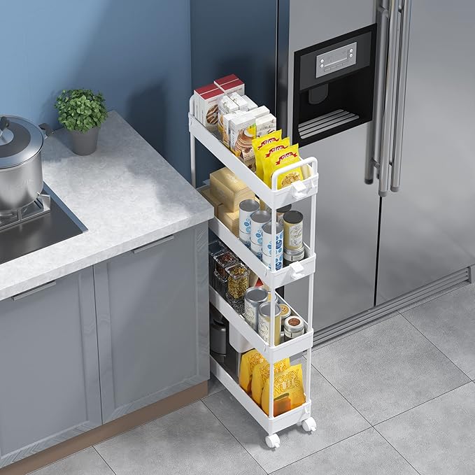 SOLEJAZZ Slim Rolling Storage Cart with Wheels 4 Tier Skinny Bathroom Storage Organizer Narrow Shelf Unit Thin Laundry Room Utility Cart for Bedside Kitchen Office Next to Fridge Small Places, White