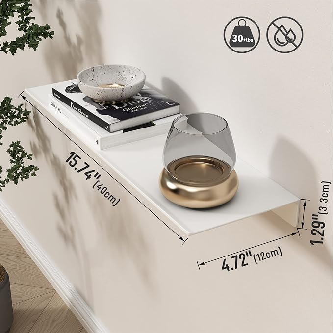 Danpoo 16 inch White Metal Floating Shelves for Wall Organizer & Storage, Display Shelves for Bathroom, Living Room, Kitchen, Bedroom(2-Pack)