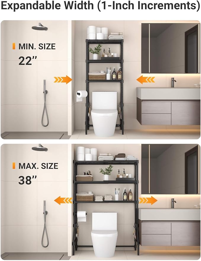 Expandable Over The Toilet Storage Rack, 3-Tier Adjustable Height & Width (22"-38") Metal Bathroom Organizer Shelves, Space Saver Above Toilet Over Washer and Dryer Shelf for Laundry Room