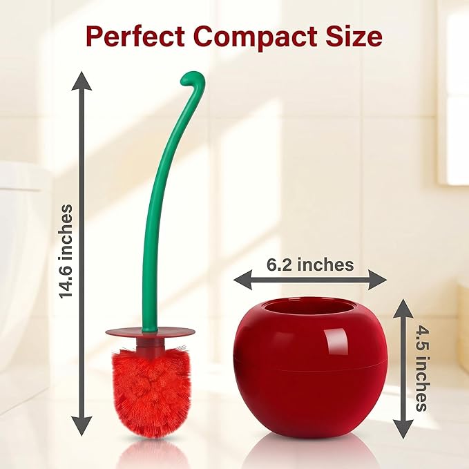Toilet Bowl Brush with Holder Set: 360°Under Rim Toilet Scrubber Cute Cherry 2pcs-Heavy Duty Scrubbing Bristles for Apartment Bathroom