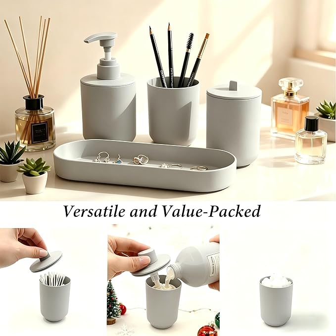 4-Piece Light Gray Bathroom Organizer Set, Plastic Countertop Storage with Lotion Soap Dispenser, Tumbler, Cotton Swab Cup & Vanity Tray – Clean Bathroom Decor for Modern Spaces