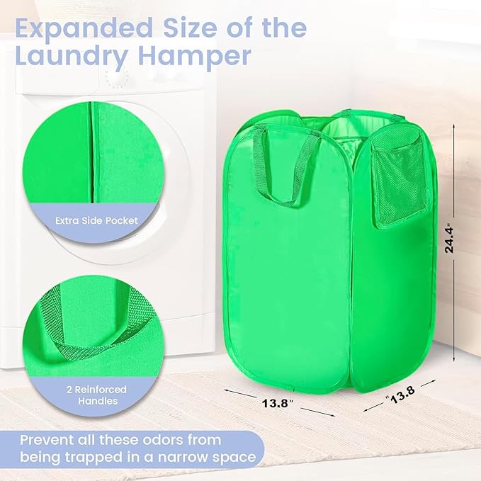 HOUSE AGAIN Upgraded Polyester Pop Up Laundry Hamper, Collapsible Laundry Baskets with Durable Handles Solid Bottom High Steel Frame and Side Pocket, Easy Open & Save space,Perfect for Storage(Green)