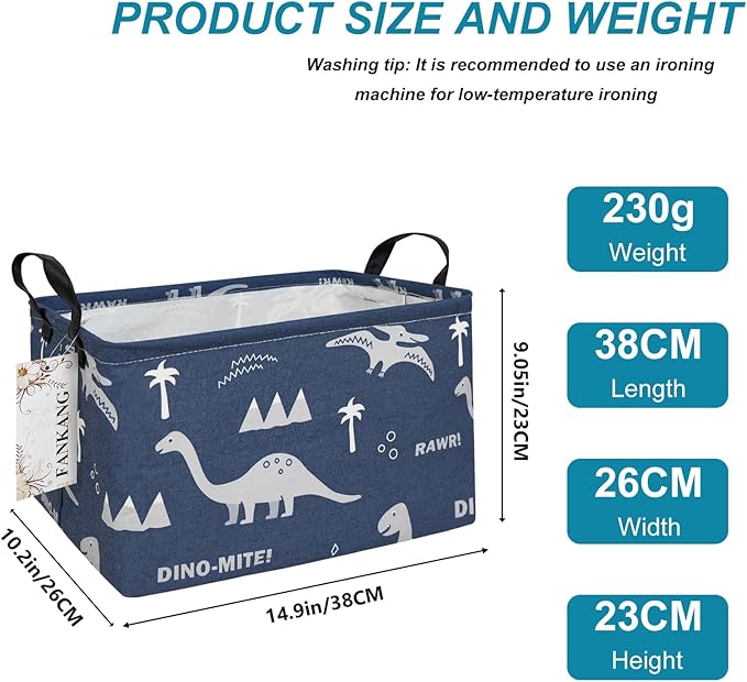 Storage Bins, Nursery Hamper Canvas Laundry Basket Foldable with Waterproof PE Coating Large Storage Baskets for Kids Boys and Girls, Office, Bedroom, Clothes,Toys(Rec-Blue dinosaur）
