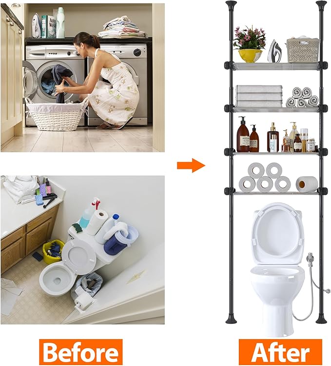 4-Tier Over The Toilet Storage Shelf, 4.5-9.5 FT Adjustable Bathroom Organizer, Heavy Duty Metal Shelves Above Behind Toilet Laundry, Space-Saving Shelving for Small Rooms, No Drill Tenant Friendly