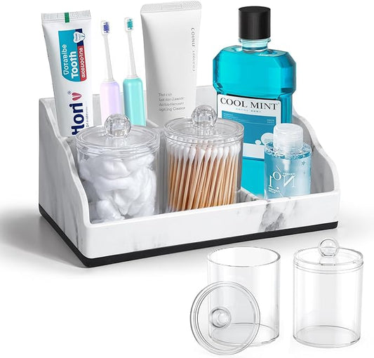 TuCao Marble Bathroom Countertop Organizer, Toothbrush Holders for Bathroom with 2PCS Qtip Holder Dispenser and Toothpaste Holder Drainage for Bathroom Accessories Organization Counter Vanity Storage