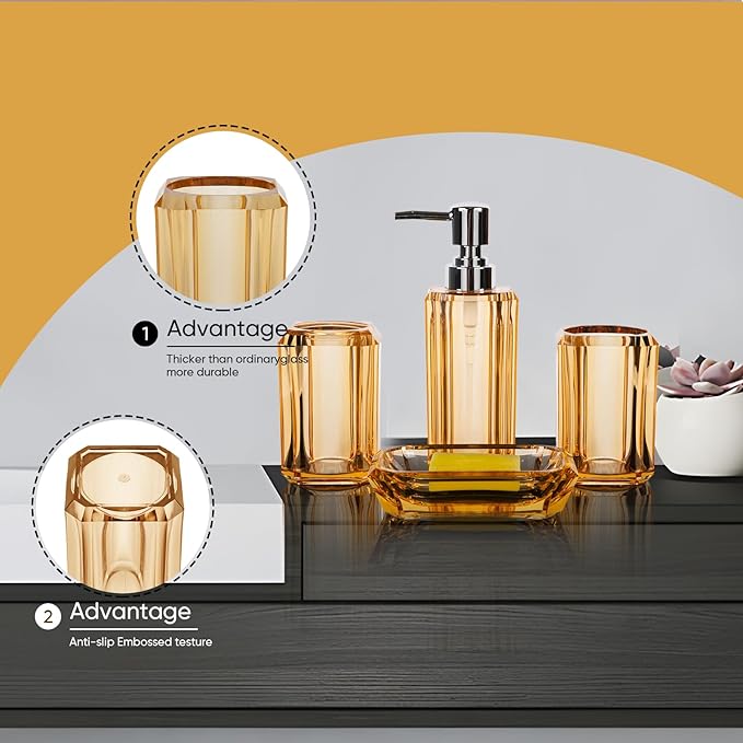 4-Piece Champagne Gold Bathroom Accessories Set with Soap Dispenser, Soap Dish, Tumbler & Toothbrush Holder, Glossy Acrylic with Champagne Accent, Vanity Bathroom Decor