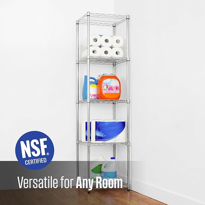 SafeRacks - NSF Certified Storage Shelves, Zinc, Heavy Duty Steel Wire Unit with Adjustable Feet, Garage or Bakers Rack, Kitchen, Pantry Shelf - (18"x18"x72" 5-Tier) (Silver)