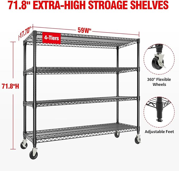 4-Tier Tall Steel Wire Shelving Unit with Wheels, Heavy Duty Storage Rack, 2640 Lbs Capacity, Adjustable Industrial Shelves for Garage, Workshop, or Warehouse