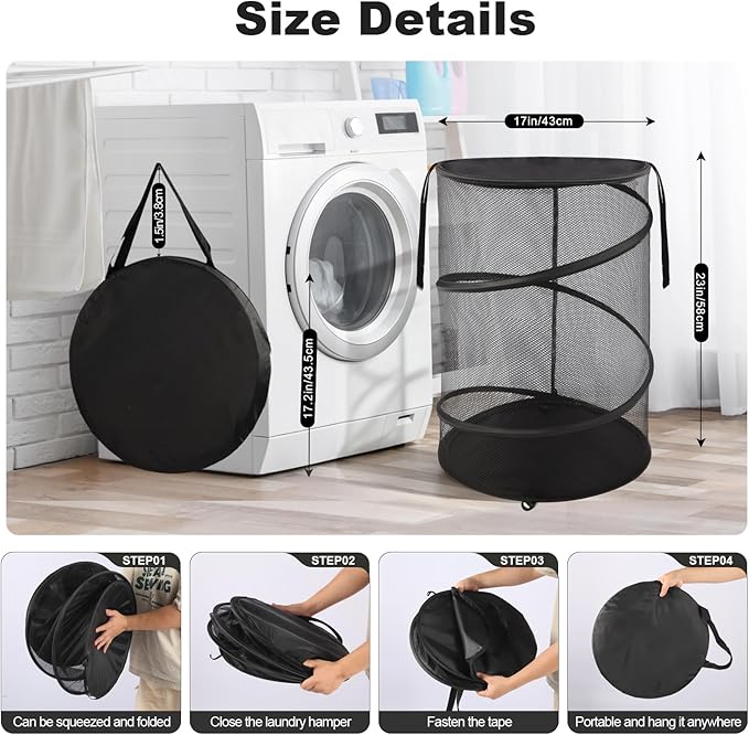 BATTOO Collapsible Laundry Basket with Lid, Large Foldable Mesh Pop Up Hamper 88L with Handles for Laundry Room, Bathroom, Kids Room, College Dorm, Travel, Storage Organizer Black