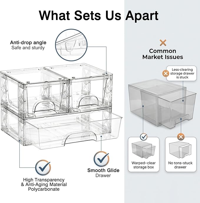 Stackable Storage Drawers 3 Pack Bathroom Undersink Organizers Simply Assembled Plastic Bins, Containers for Cosmetics, Bathroom, Kitchen, Cabinets, Snack